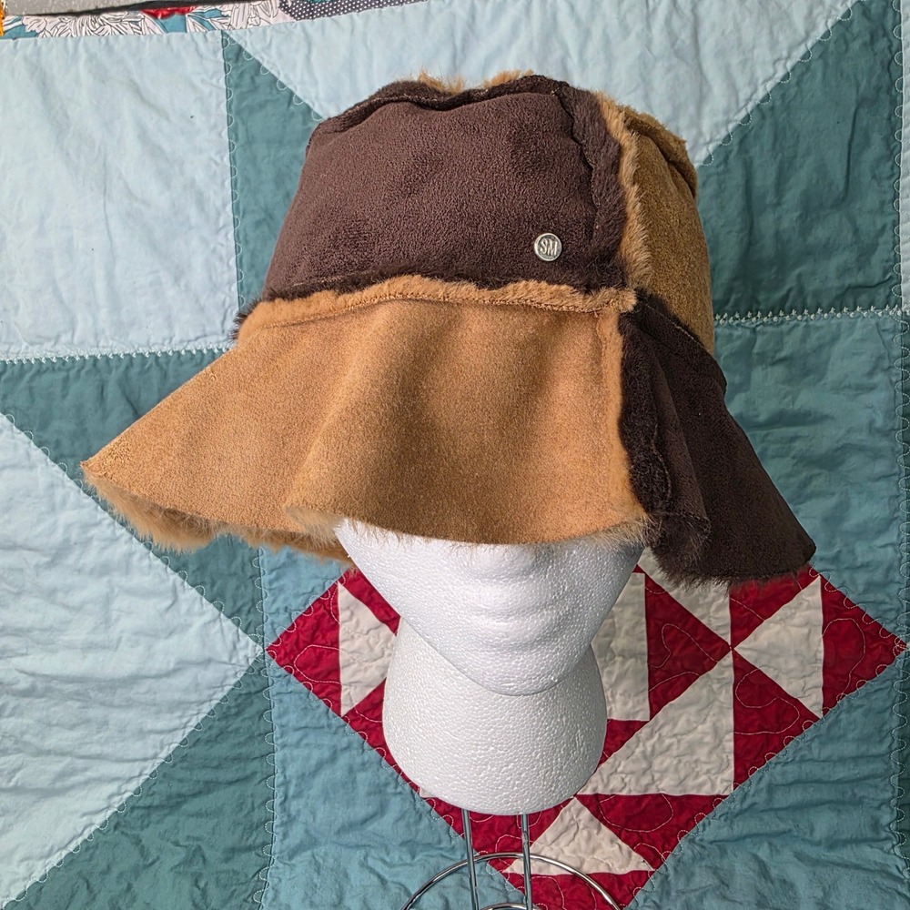 Steve Madden Faux Fur Lined Bucket Hat Brown Tan TwoTone Patchwork Exposed Seams